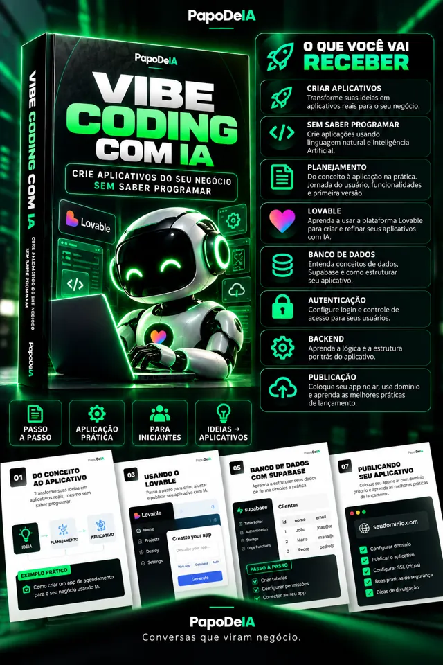 Resumo do ebook Vibe Coding com IA: criar aplicativos sem saber programar, planejamento, Lovable, banco de dados, autenticação e publicação